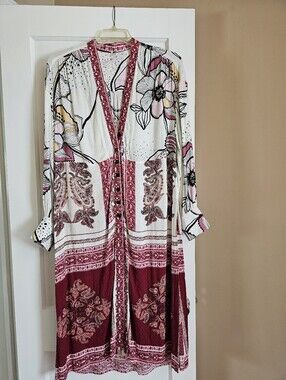 Free People Cream & Burgundy Floral Boho Long Sleeve Tunic Shirt.